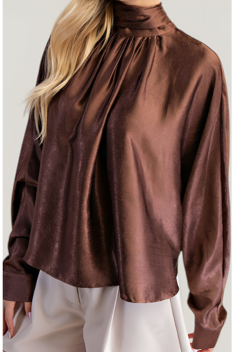 Satin Long Sleeve Blouse with Gathered Neckline and Tie Back Bow, Alternate, color, Brown