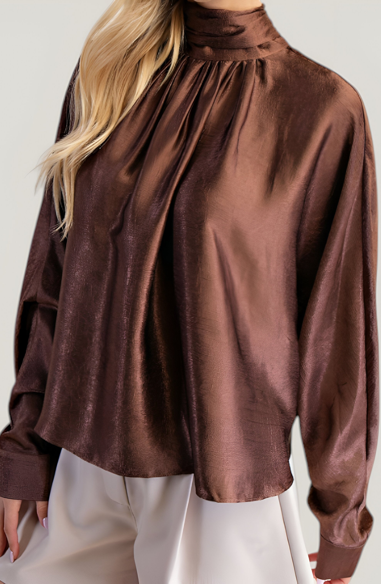 Modenaire Satin Long Sleeve Blouse with Gathered Neckline and Tie Back Bow, Alternate, color, Brown