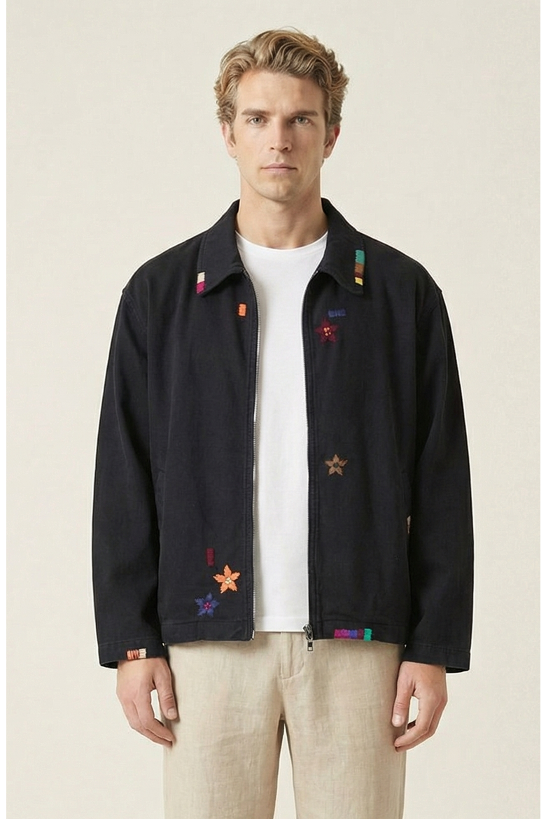 Embroidered Contrast Trim Zip Front Jacket, Main, color, Black