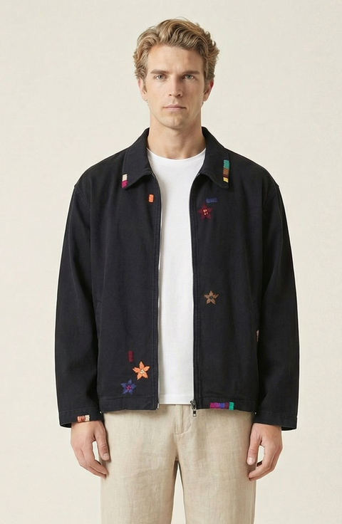 Embroidered Contrast Trim Zip Front Jacket