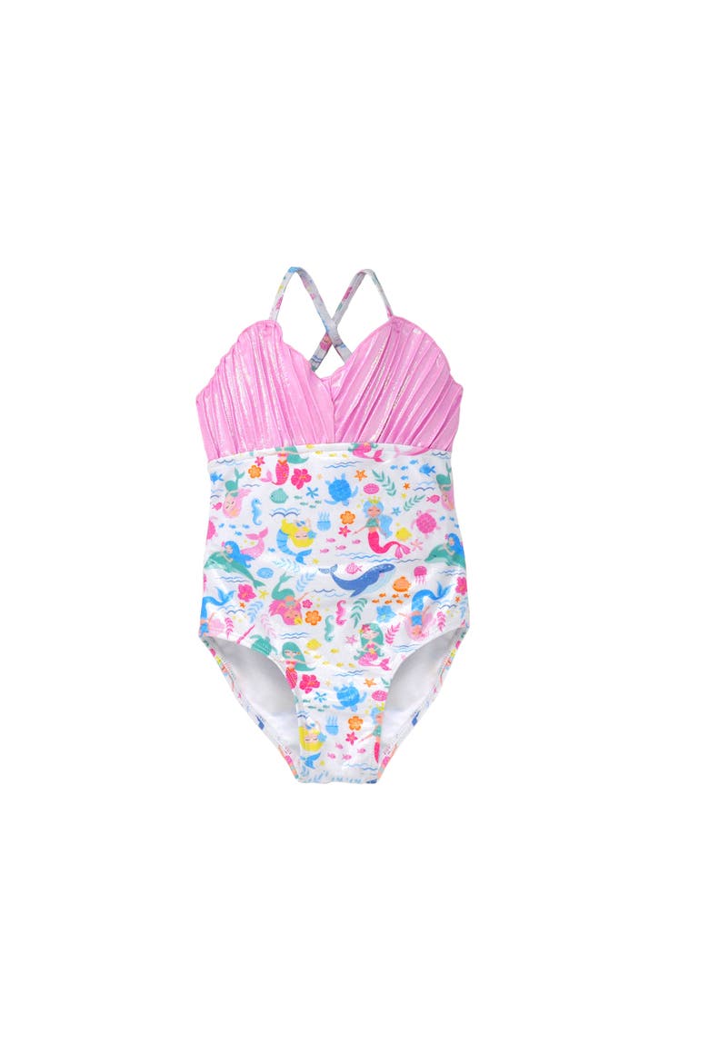 Girls  UPF 50+ Mermaid Shell Swimsuit with Shimmer Effect, Main, color, Mermaid Friends