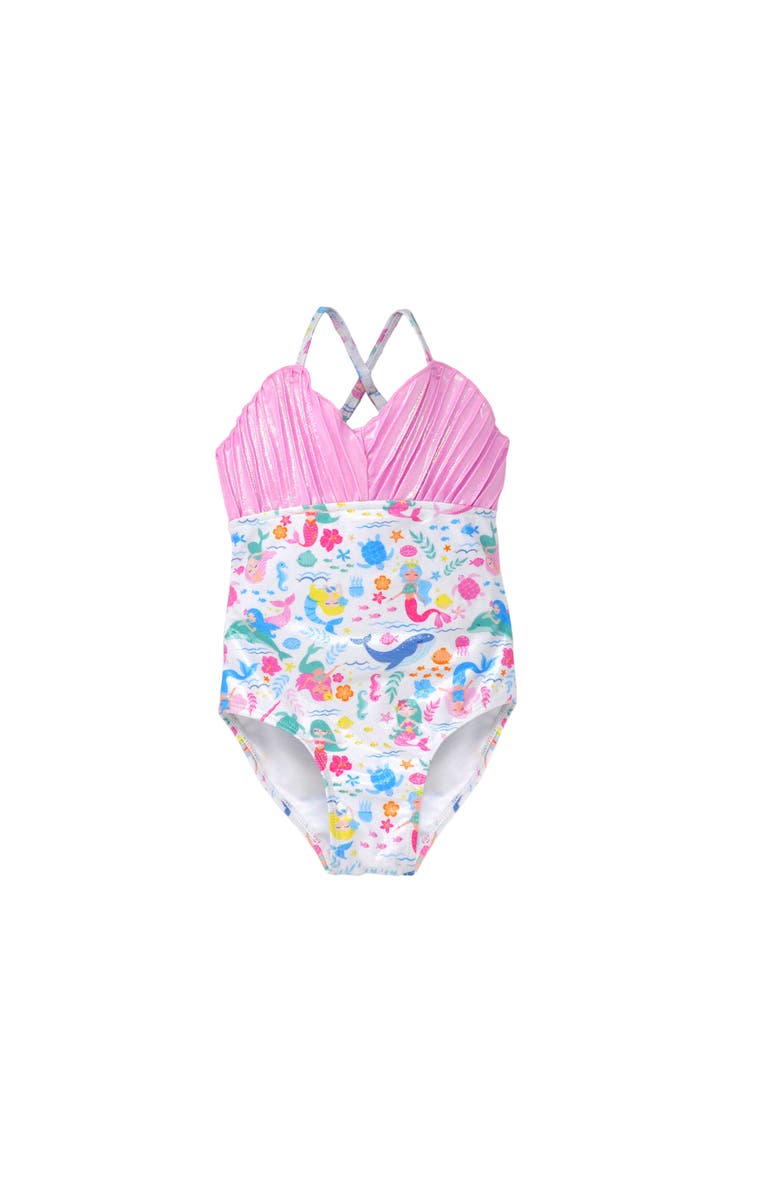 Flap Happy Girls  UPF 50+ Mermaid Shell Swimsuit with Shimmer Effect, Main, color, Mermaid Friends