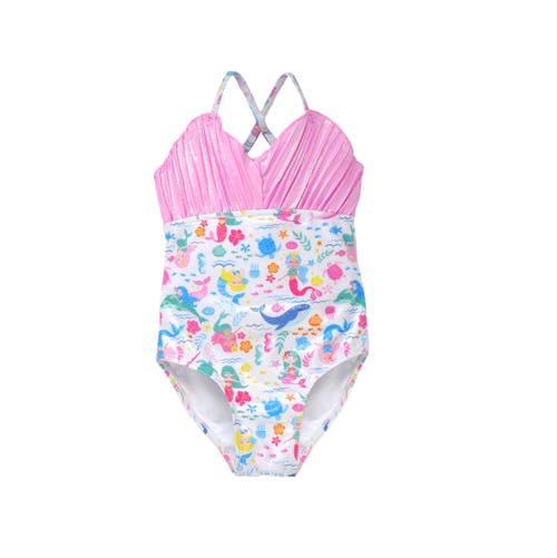 Flap Happy Girls Upf 50+ Mermaid Shell Swimsuit With Shimmer Effect