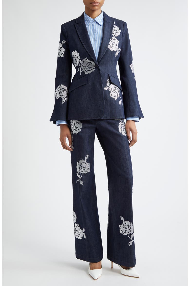 Francine Embellished Rose Wide Leg Denim Pants, Alternate, color, INDIGO