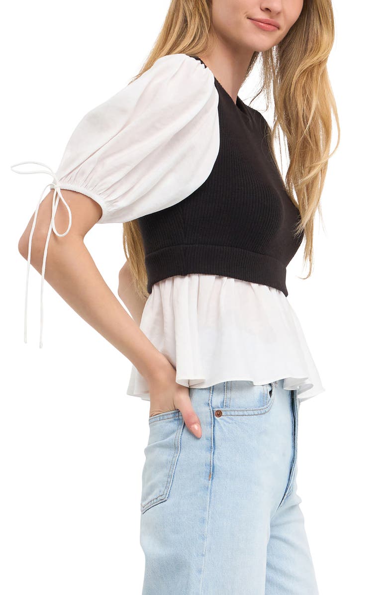 English Factory Mixed Media Puff Sleeve Top, Alternate, color,