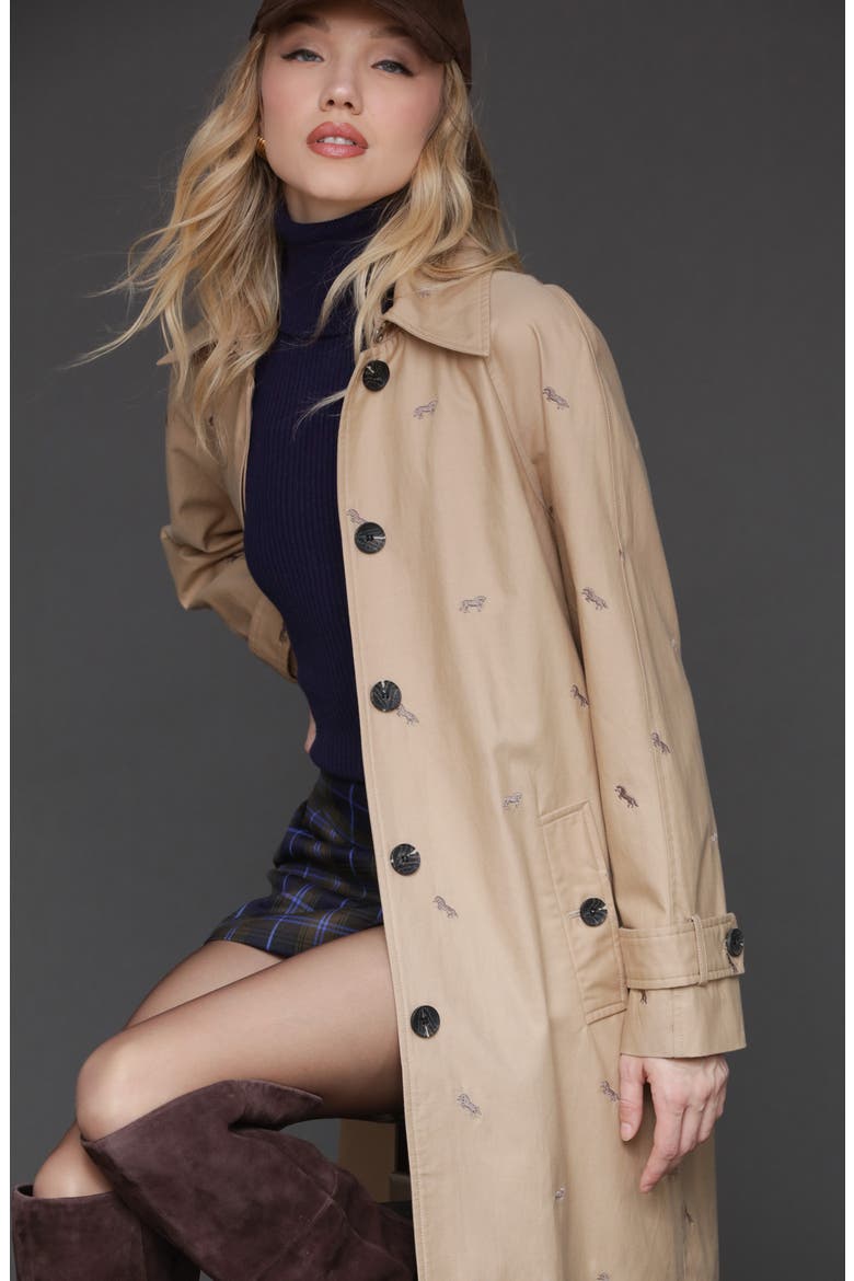 Equine Embroidered Cotton Blend Trench Coat, Alternate, color, KHAKI-ESPRESSO HORSE
