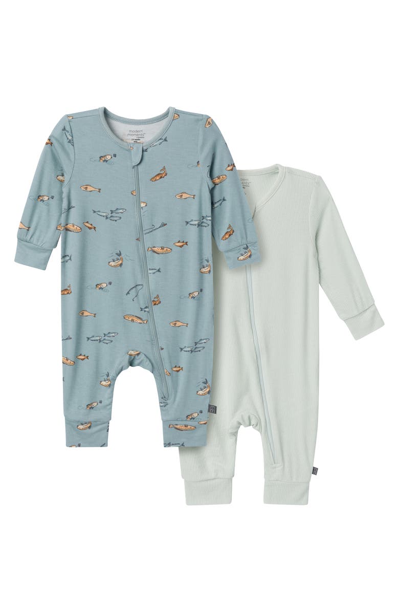 Modern Moments<sup>™</sup> by Gerber 2-Pack Baby Boys Medium Teal Fishing Footless Coveralls, Main, color, Fishing