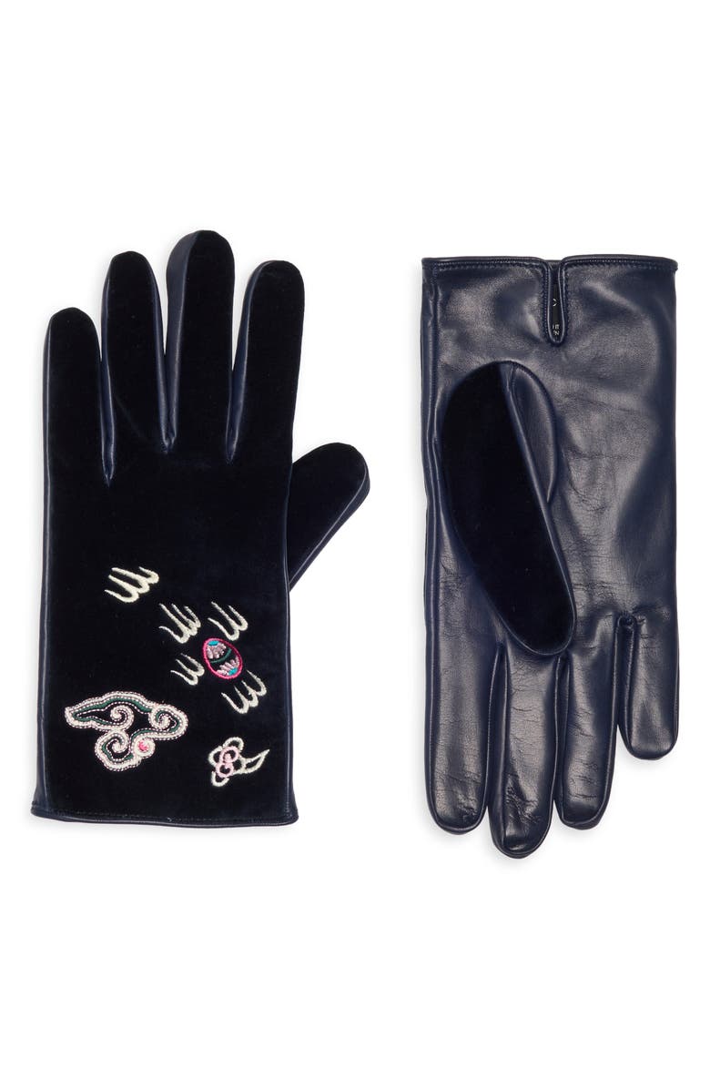 Gucci Dragon Embroidered Velvet & Leather Gloves, Alternate, color, Midnight Blue Blue