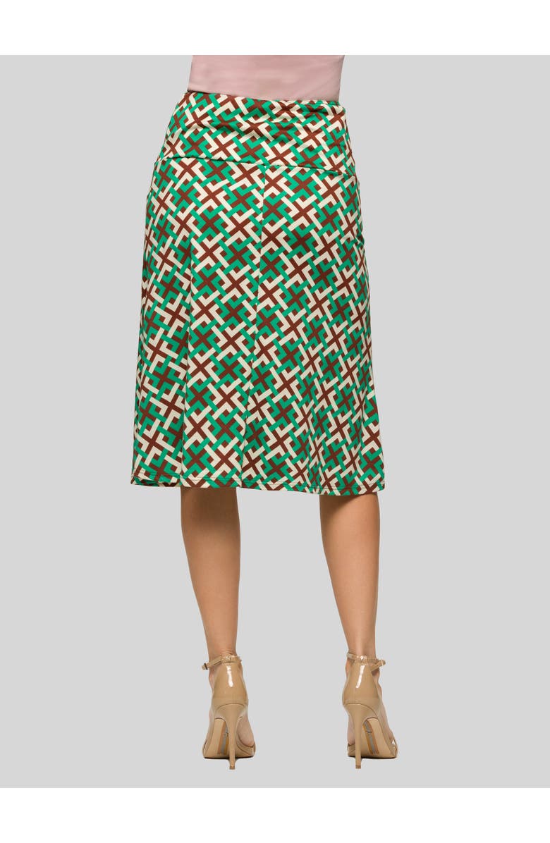 24seven Comfort Apparel Geometric Print Comfortable Elastic Waist Knee Length Skirt, Alternate, color, Green Multi