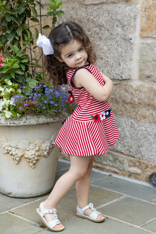 Florence Eiseman Stripe Knit Dress With Flowers In Red/white