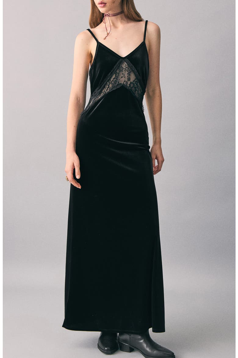 Lace Trim Velvet Maxi Dress, Main, color, BLACK