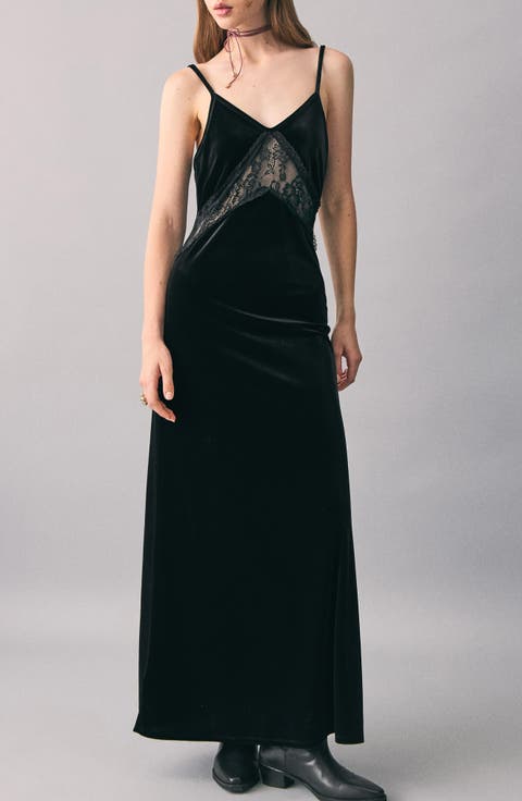 Lace Trim Velvet Maxi Dress