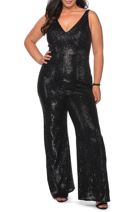 Sequin Plus SIze Jumpsuit with Plunging Neckline