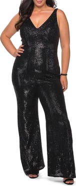 La Femme Sequin Plus SIze Jumpsuit with Plunging Neckline