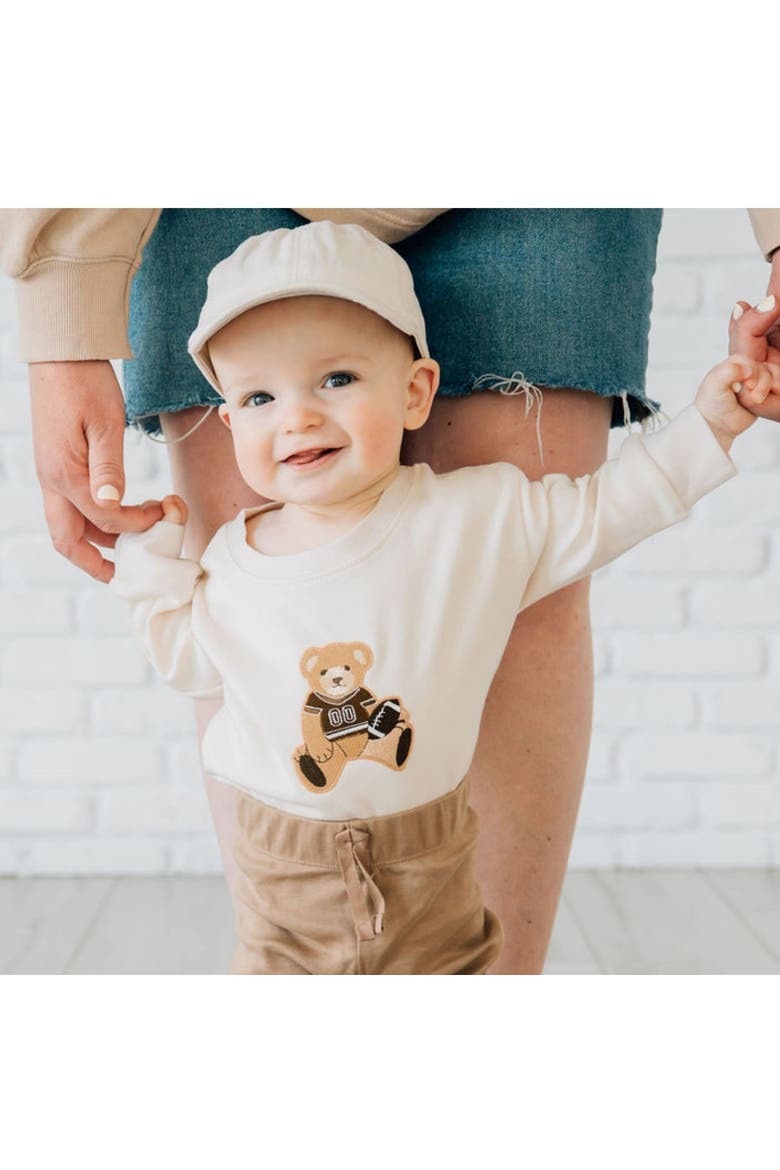 Teddy Bear Patch Long Sleeve Romper, Alternate, color, Natural Heather
