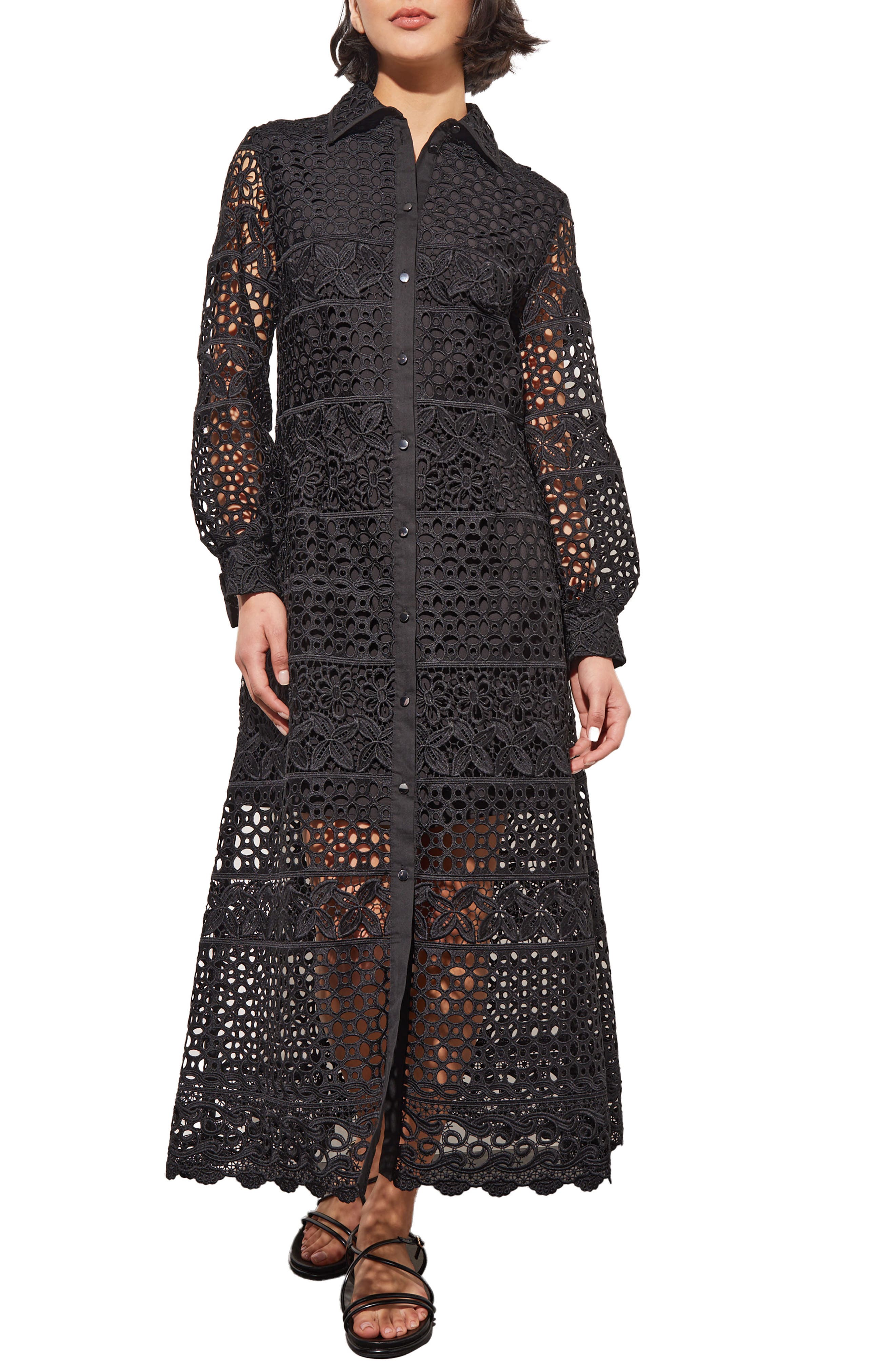 Ming Wang Lacy Long Sleeve Midi Shirtdress