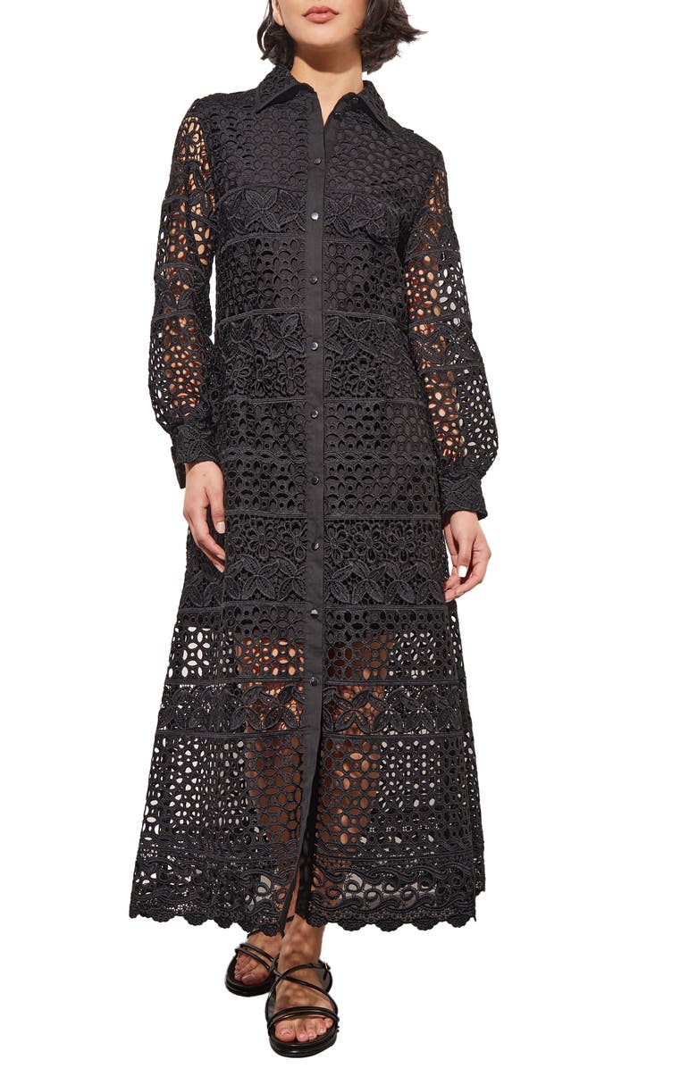 Ming Wang Lacy Long Sleeve Midi Shirtdress, Main, color, Black