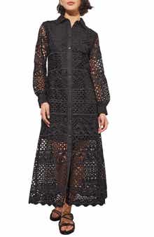 Ming Wang Lacy Long Sleeve Midi Shirtdress