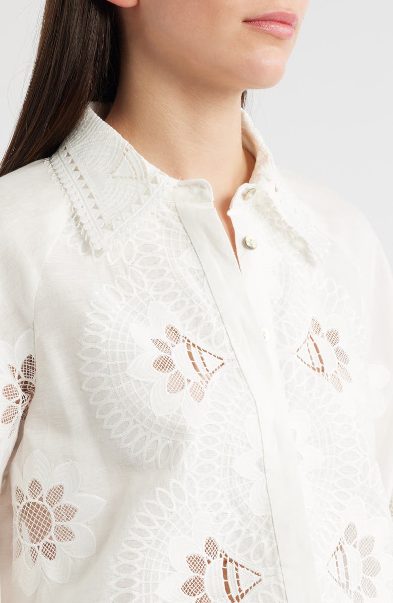 Elie Tahari The Romy Embroidered Eyelet Linen Blend Button-Up Shirt, Alternate, color, 
