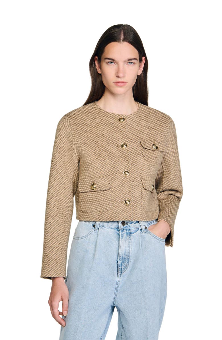 SANDRO Cropped button-down jacket, Main, color, Beige
