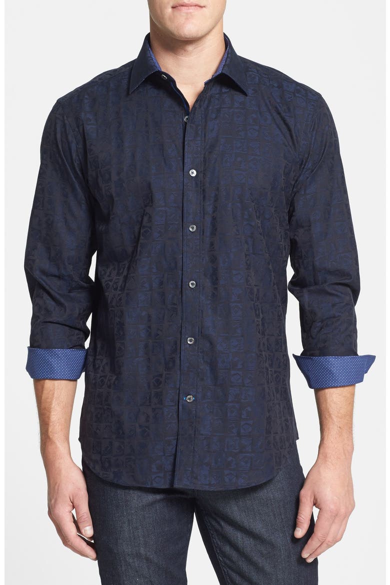 Shaped Fit Jacquard Sport Shirt, Main, color, NAVY