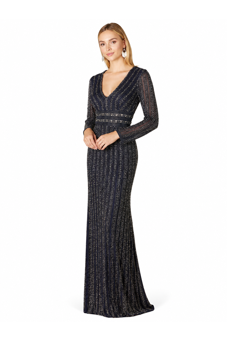Long Sleeve Belted Beaded Gown, Alternate, color, Navy