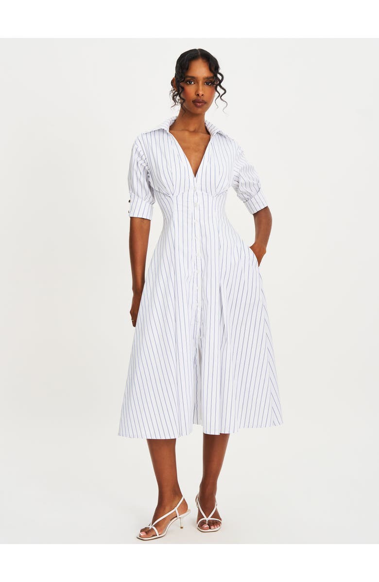 Miss Circle Palina Pinstripes Cotton Poplin Pleated Midi Preppy Shirt Dress, Alternate, color, White