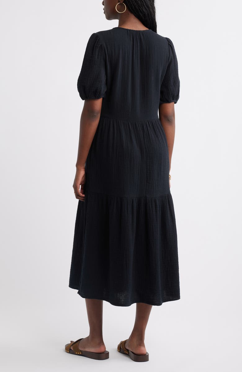 Caslon<sup>®</sup> Puff Sleeve Tiered Cotton Gauze Midi Dress, Alternate, color, Black