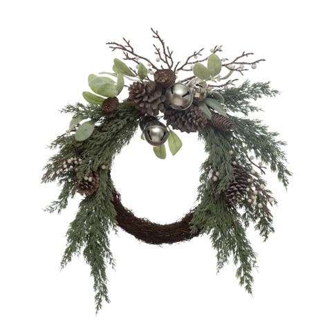 Faux Juniper & Mixed Evergreen Wreath with Silver Jingle Bells, Pinecones & Berries