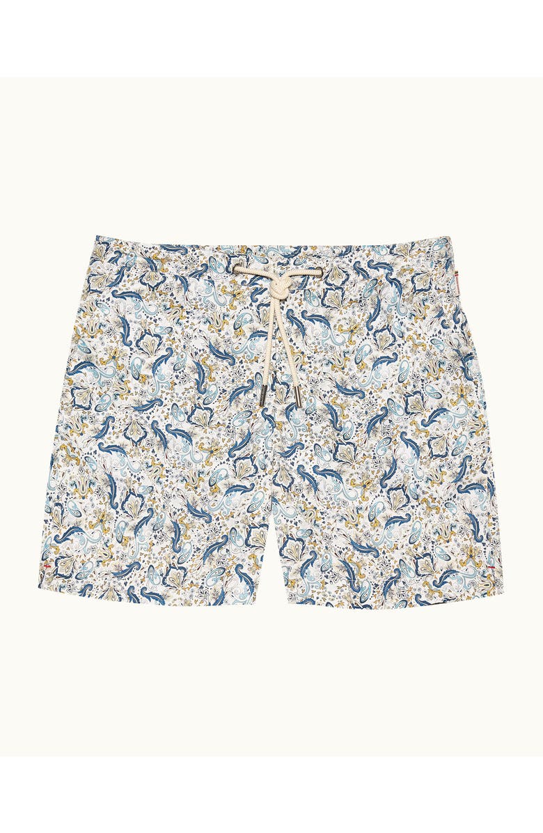 Orlebar Brown Bulldog Drawcord Mid-Length Classic Fit Drawcord Swim Shorts with Fairground Print, Main, color, Multi/Blue