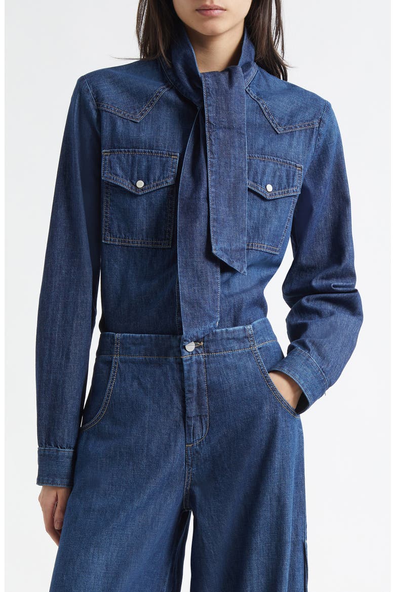 Ranchers Daughter Tie Neck Denim Shirt, Main, color, DARK WASH
