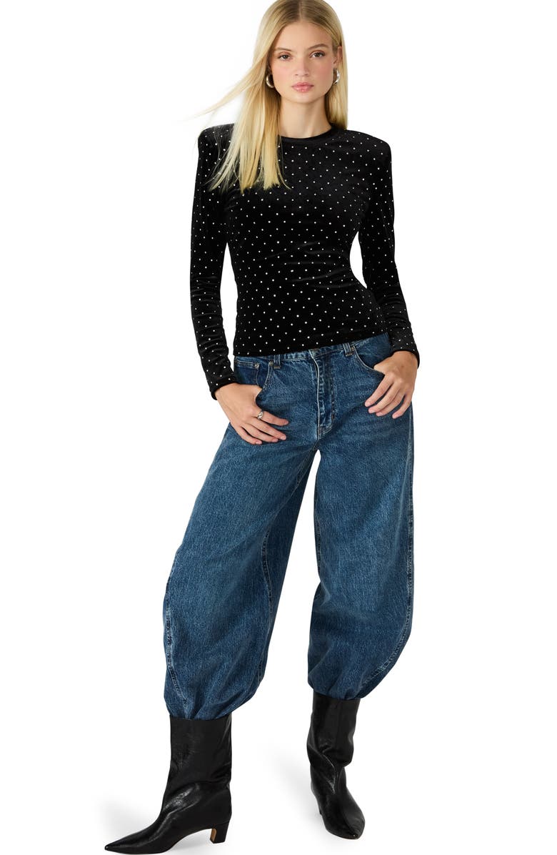 Steve Madden Maddilyn Embellished Velvet Padded Shoulder Top, Alternate, color, Black