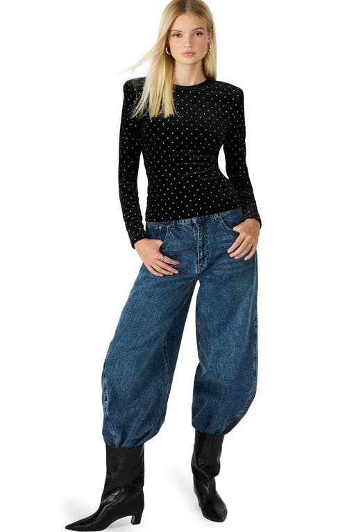 Steve Madden Maddilyn Embellished Velvet Padded Shoulder Top In Black