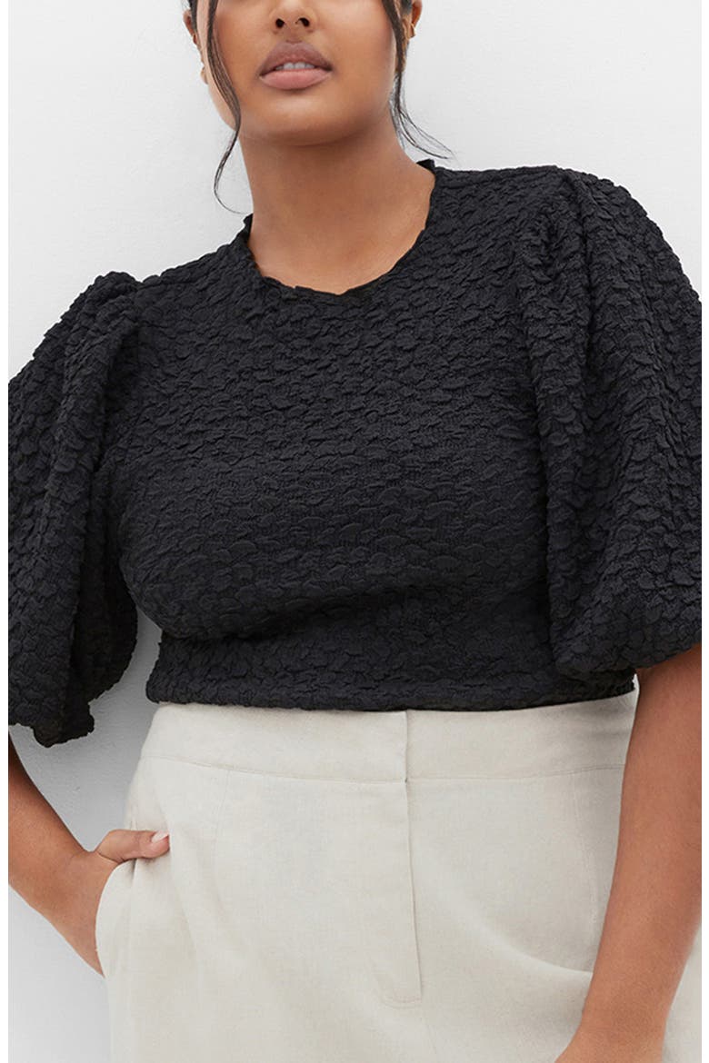 Chrissie Balloon Sleeve Textured Top, Alternate, color, BLACK