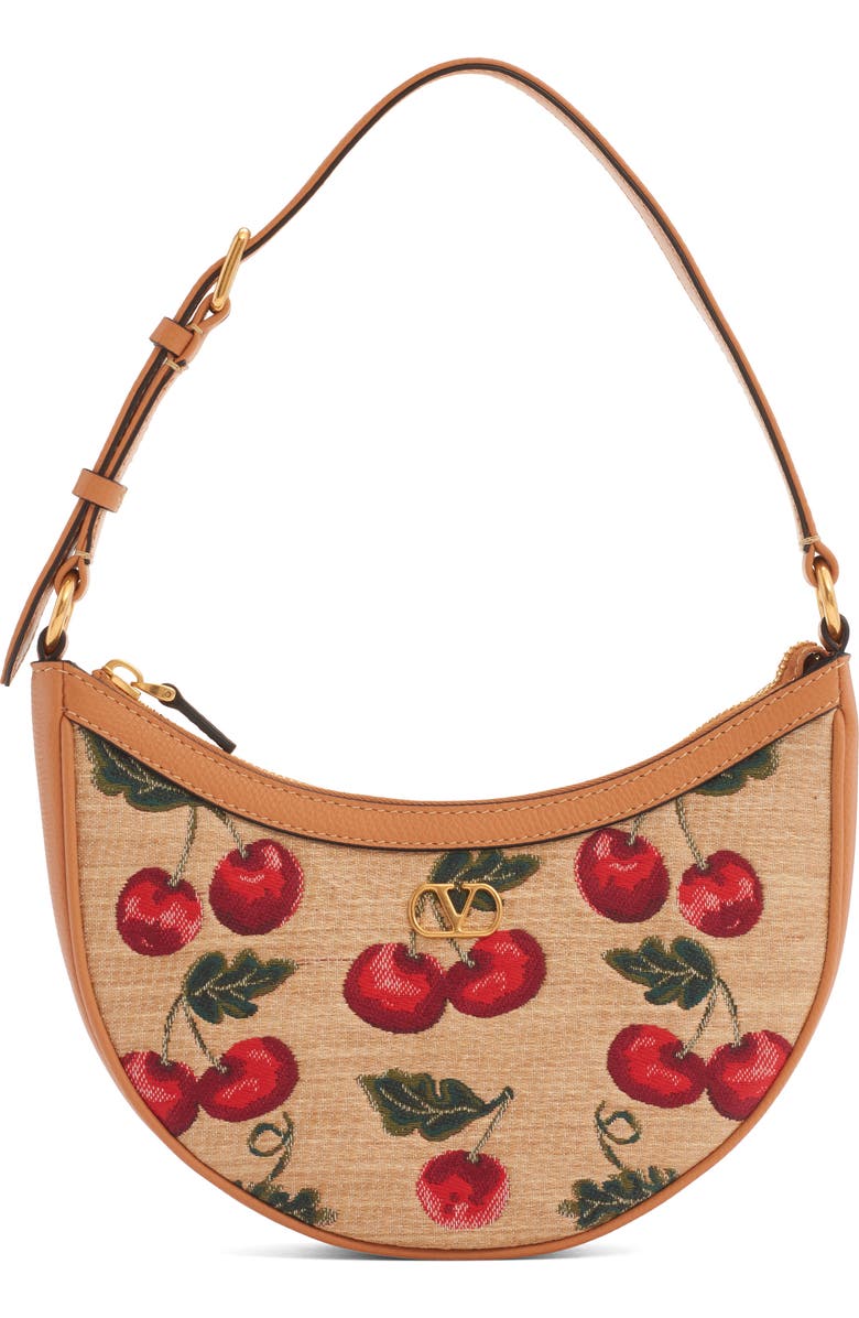 Valentino Garavani Mini VLOGO Cherry Jacquard Raffia Hobo Bag, Main, color, R9f Natural/ Multi/ Camel