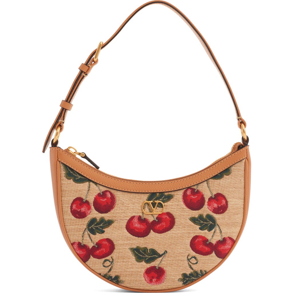 Valentino Vlogo Signature Mini Cherries Jacquard Shoulder Bag In R9f Natural/multi/camel