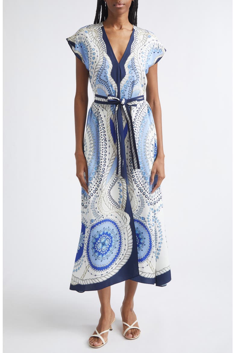 Heidi Scarf Print Belted Midi Dress, Main, color, IVORY/ BLUE