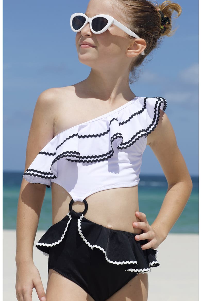 One-Shoulder Cutout Ring-Detail One-Piece Swimsuit, Alternate, color, White-Black