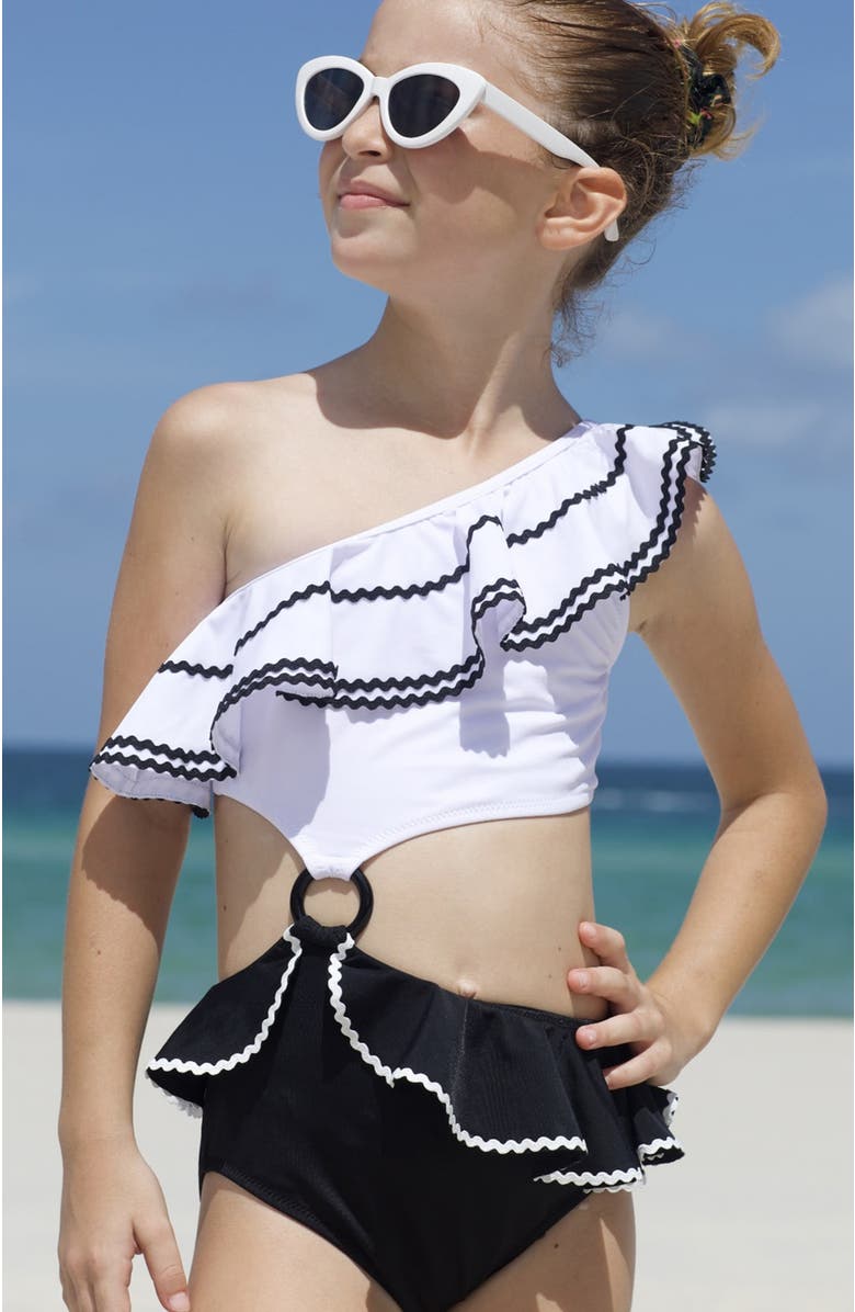 NESSI BYRD One-Shoulder Cutout Ring-Detail One-Piece Swimsuit, Alternate, color, White-Black