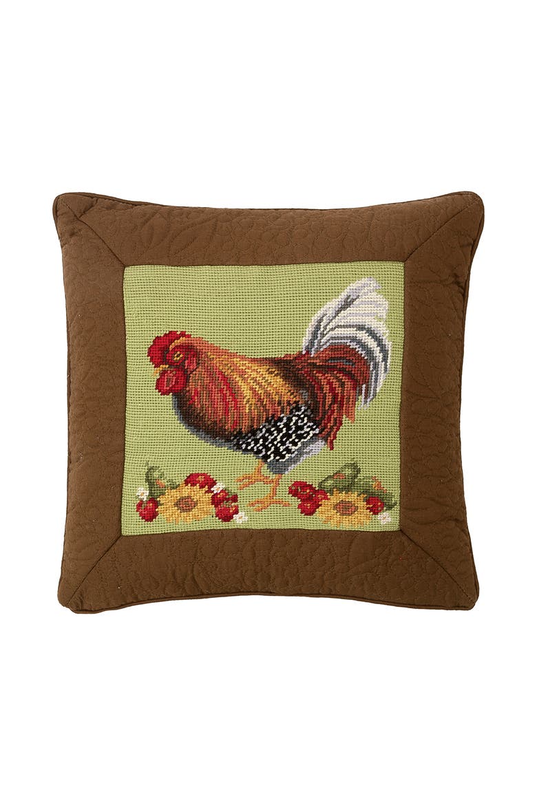 Rooster And Sunflower Needlepoint Accent Pillow, Main, color, Brown