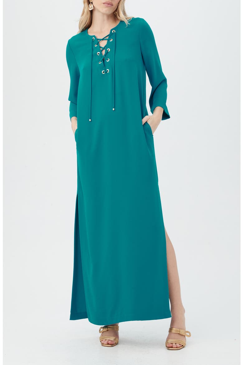 Catamaran Long Sleeve Dress, Main, color, TURKANA TEAL