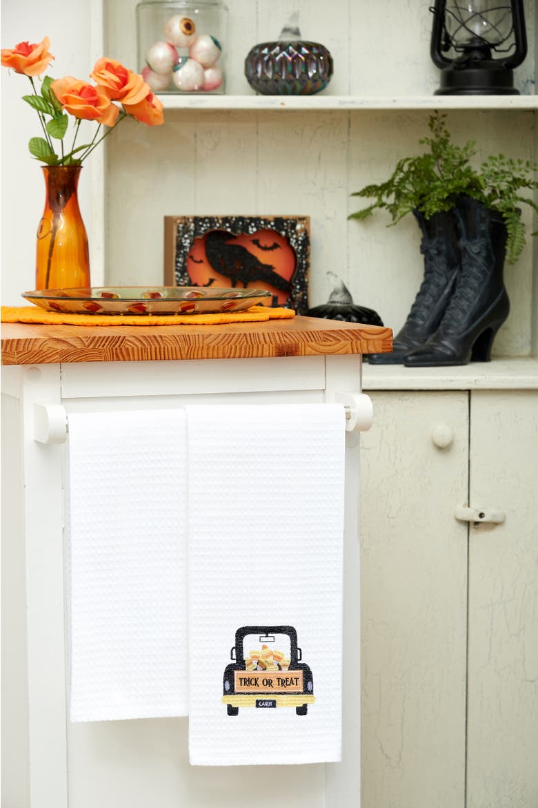 Trick or Treat Candy Corn Truck Halloween Embroidered Cotton Waffle Weave Kitchen Towel, Alternate, color, Orange