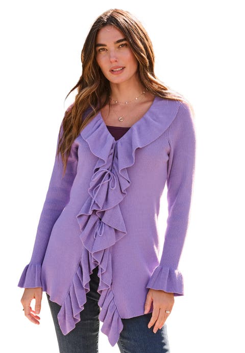 Plus Size V Neck Ruffle Trim Tie Front Cardigan
