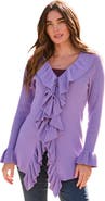 Roaman's Plus Size V Neck Ruffle Trim Tie Front Cardigan