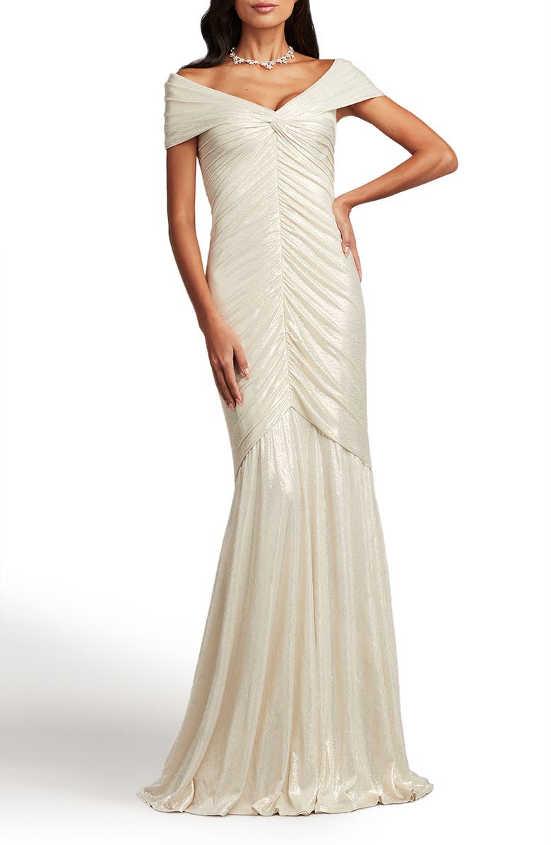 Tadashi Shoji Off the Shoulder Metallic Jersey Gown, Alternate, color, 