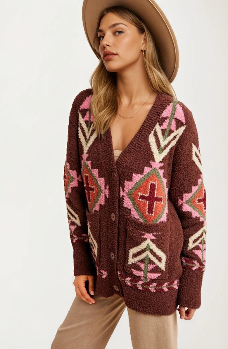 Knit and Lounge Oversized Geo Knit Cardigan with Pockets, Alternate, color, 