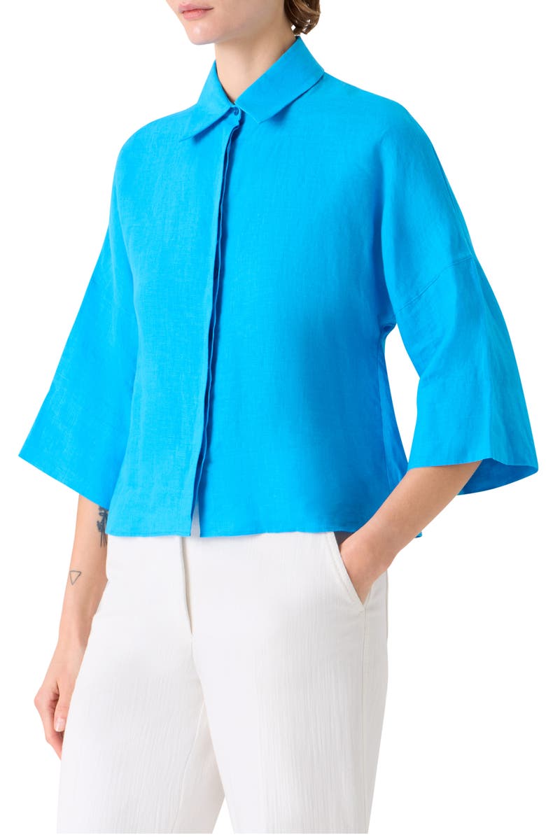 Akris punto Crop Washed Linen Shirt, Alternate, color, Turquoise