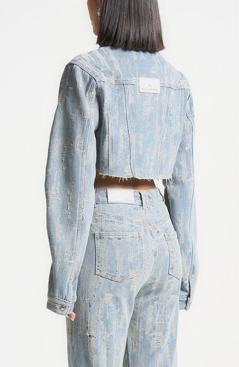 Manière De Voir Alice Cropped Distressed Denim Jacket, Alternate, color, Mid Blue