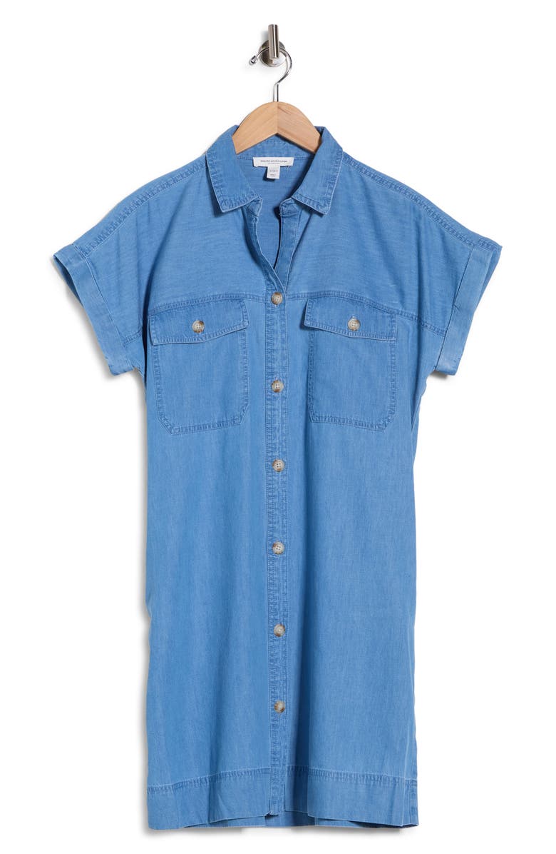 beachlunchlounge Beaux Boxy Short Sleeve Denim Shirtdress, Main, color, Medium Wash