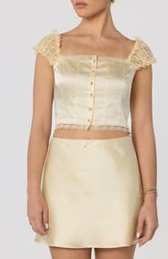 ASTR the Label Elliana Lace Trim Satin Button-Up Crop Top
